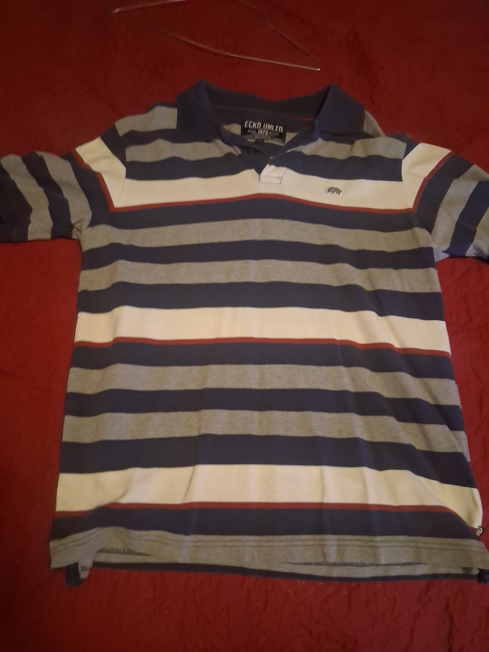 Ecko Unlimited Navy, Gray, White & Red Striped Polo